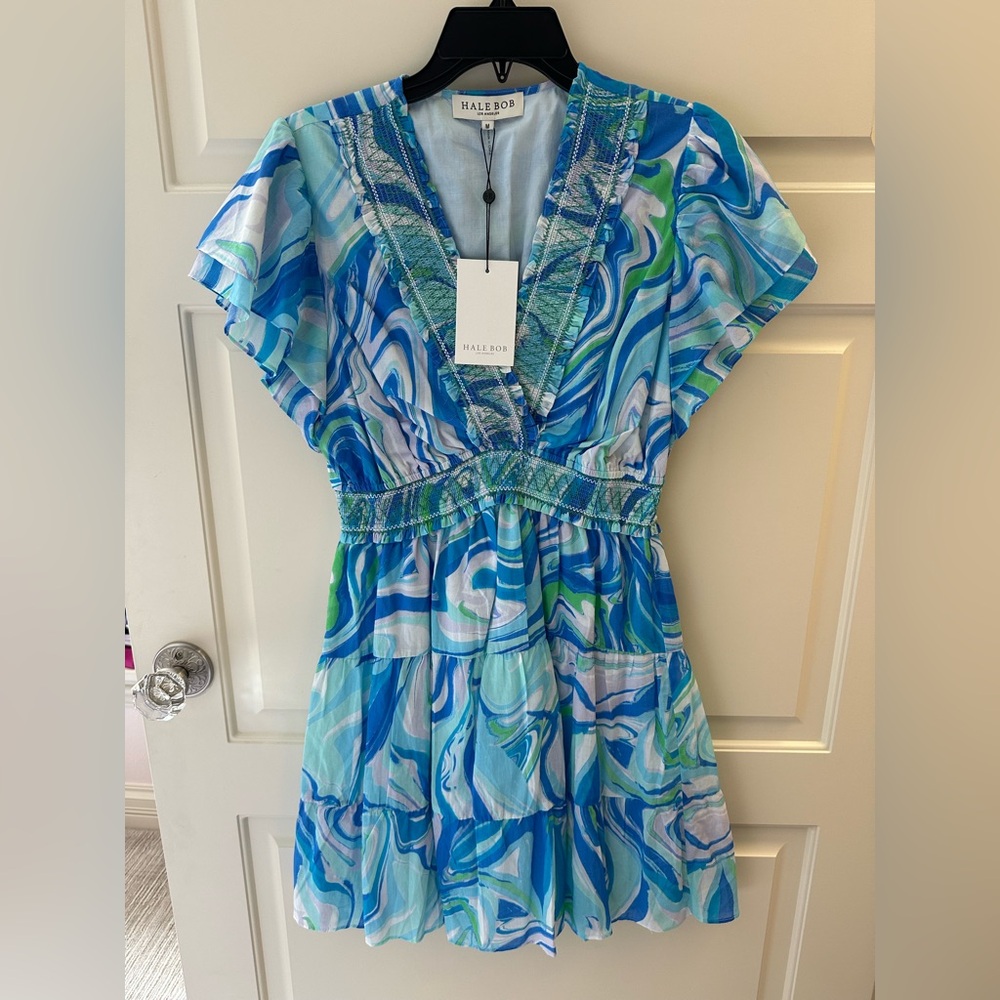 Hale Bob Blue and Green Smocked Printed Mini Dress NWT